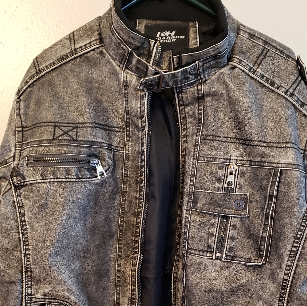 Sharp looking, comfortable jacket size large. This is vegan leather